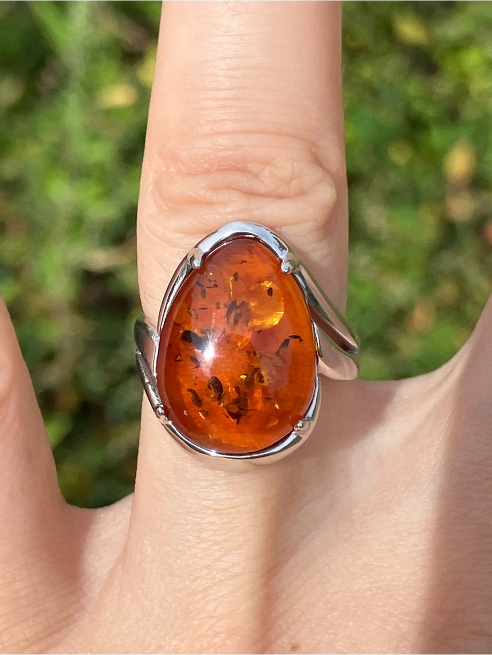 Genuine Amber Sterling Silver Ring Size 6